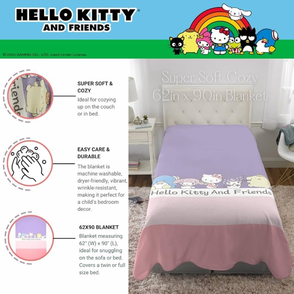 New Hello Kitty & Friends Plush Blanket 62x90 - Picture 2 of 3
